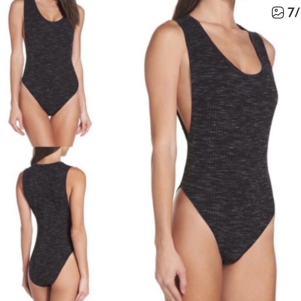 Intimately Free People Secret Sides Bodysuit Heather Black Medium Deep Cut